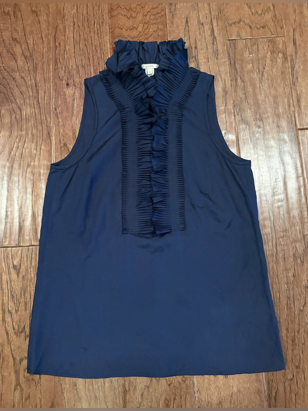 J. Crew Ruffle Neck Sleeveless Silk Top Size 0 Navy Blue
